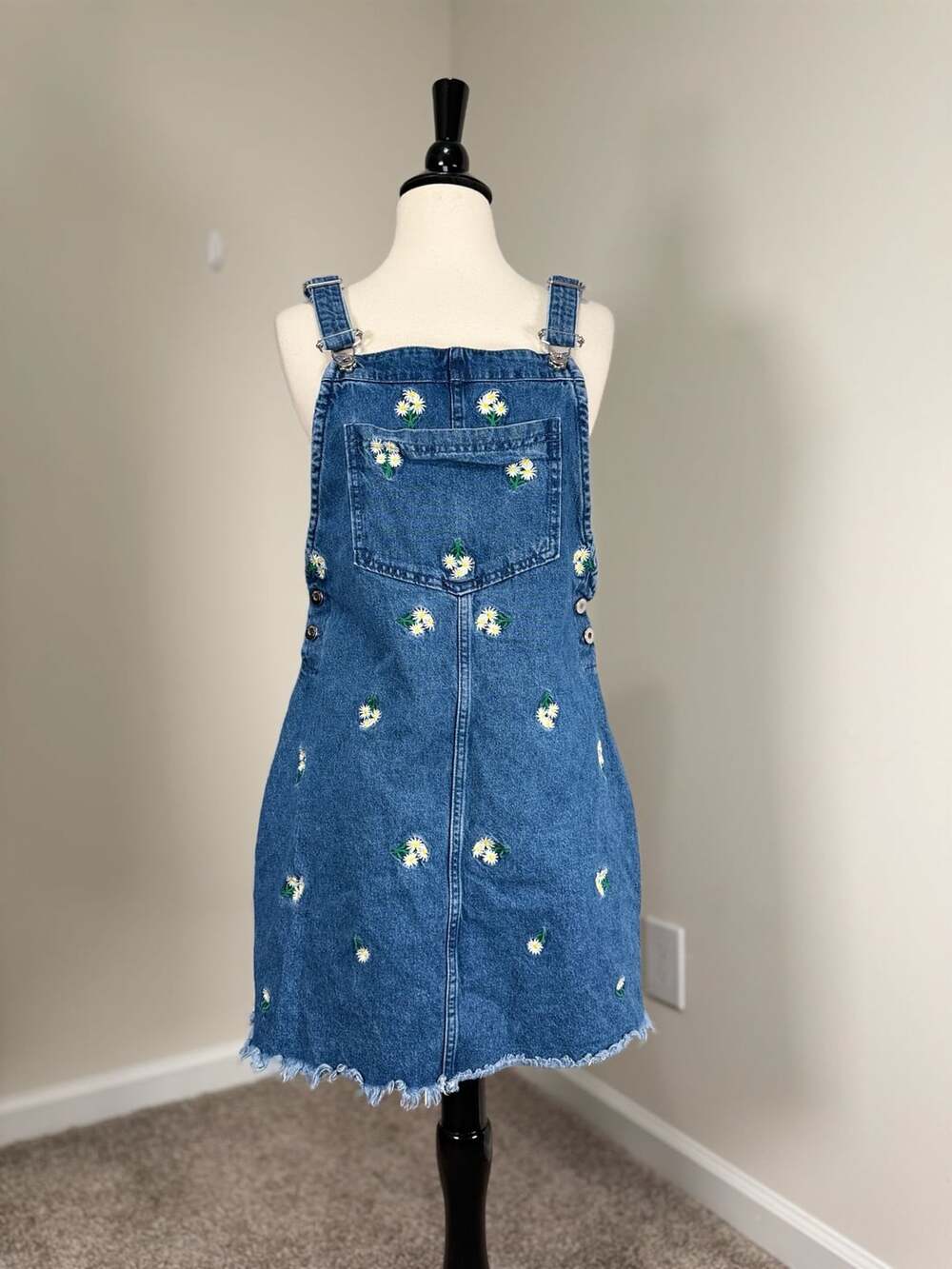 H&M Divided Denim Overall Dress Size 12 Daisy Embroidered Fall Cottagecore
